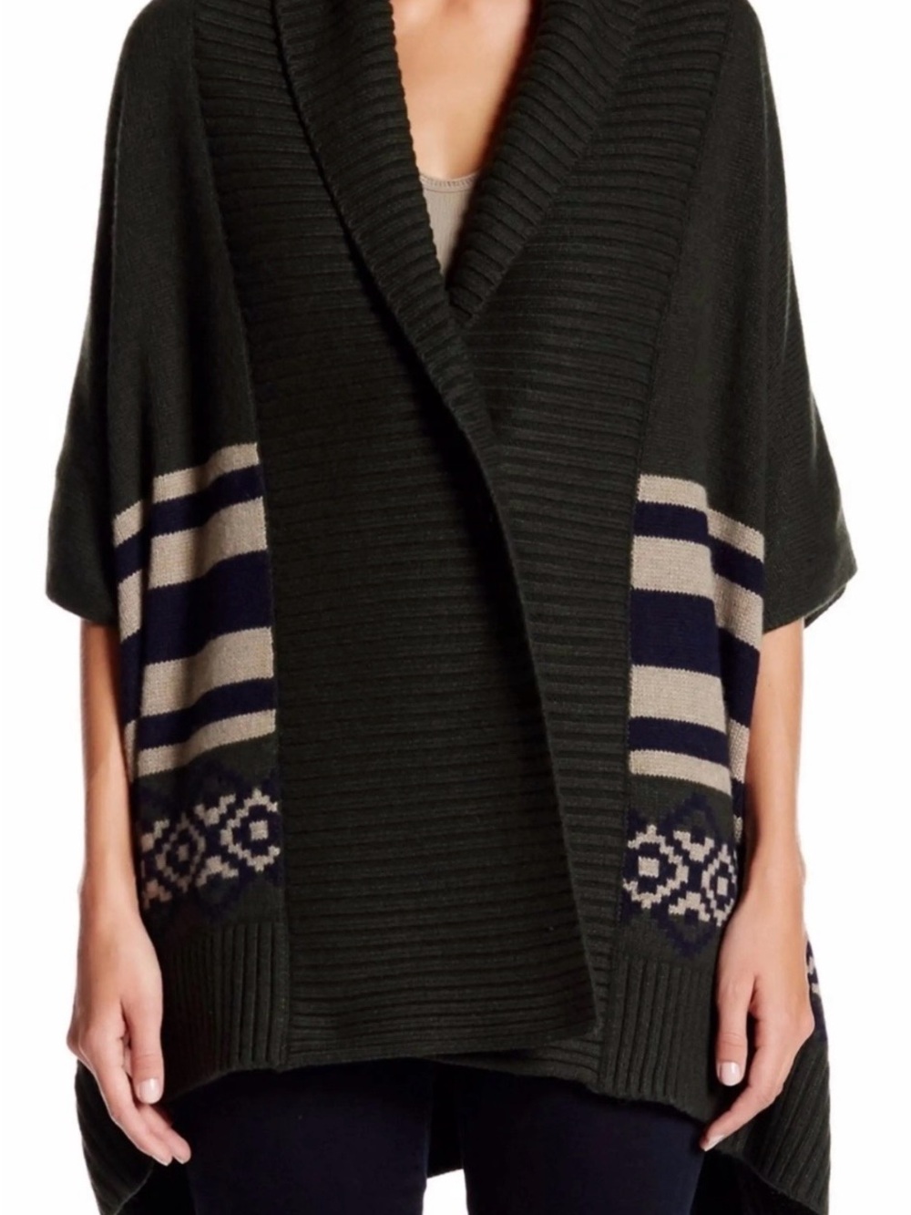 Autumn Cashmere Olive Green Ribbed Open-Front Poncho with Navy and Cream Stripes